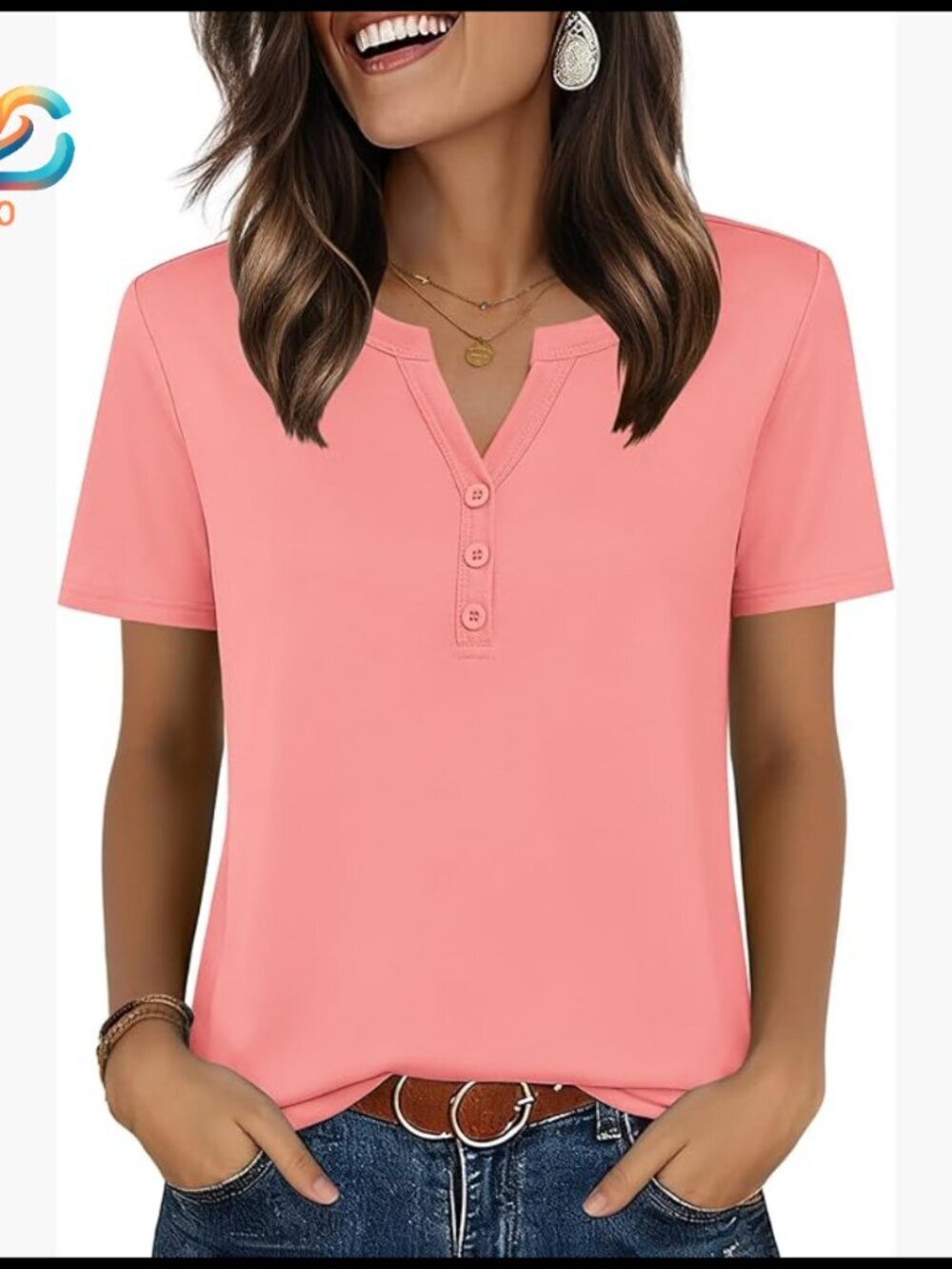 Loose Fit Short Sleeve Henley Blouse Soft Polyester Spandex Casual Dressy